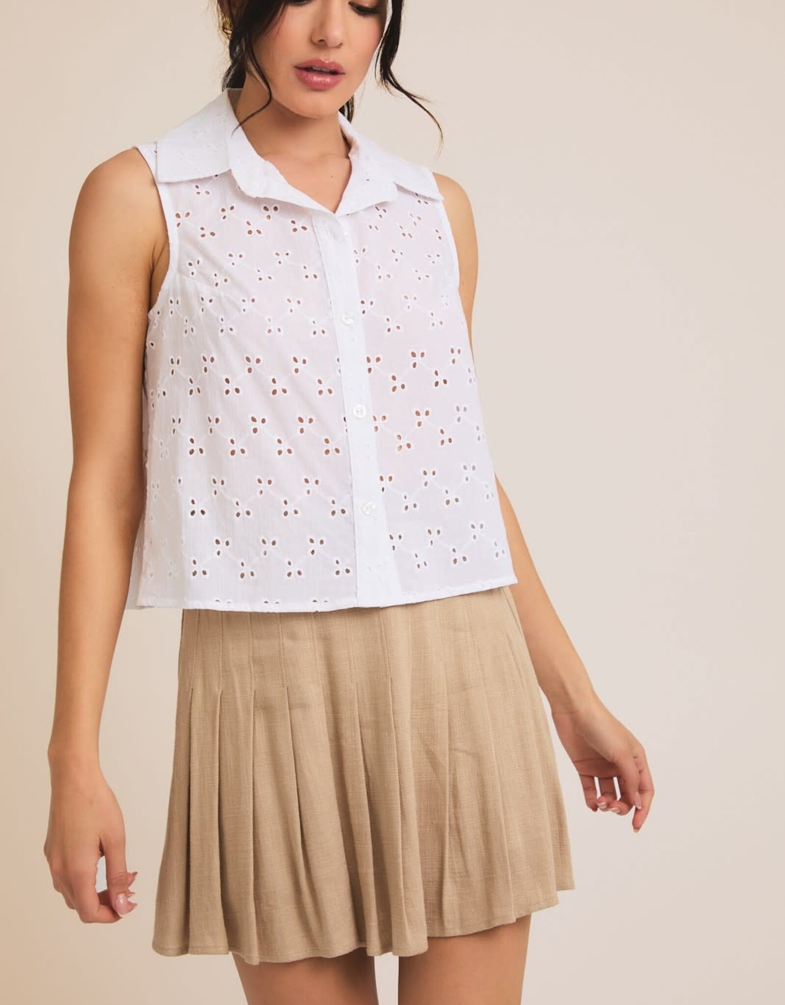 Miss Bliss Gilli Button Down Slvls Lace Shirt-White