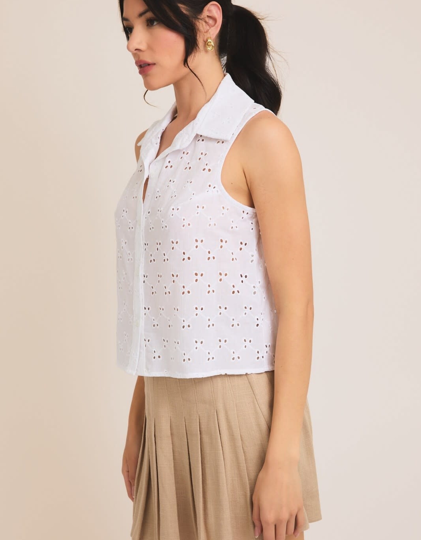 Miss Bliss Gilli Button Down Slvls Lace Shirt-White
