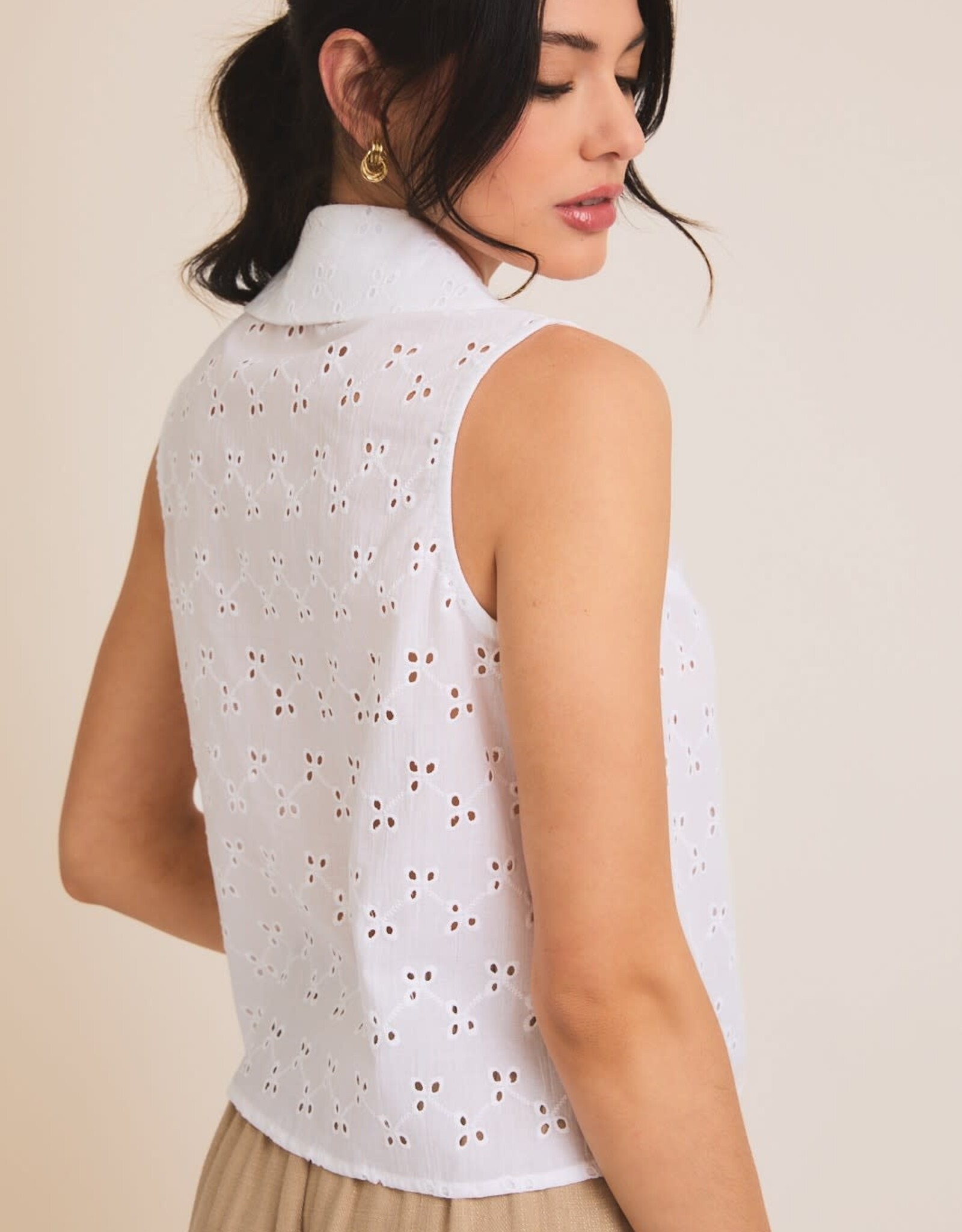 Miss Bliss Gilli Button Down Slvls Lace Shirt-White