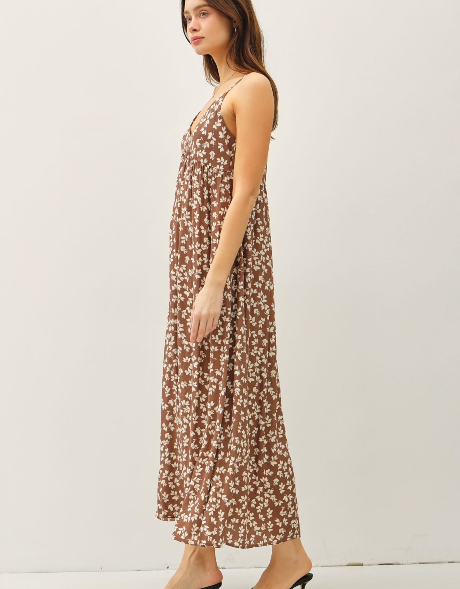 Miss Bliss BC Floral Adj Strap V Neck Maxi Dress-Mocha
