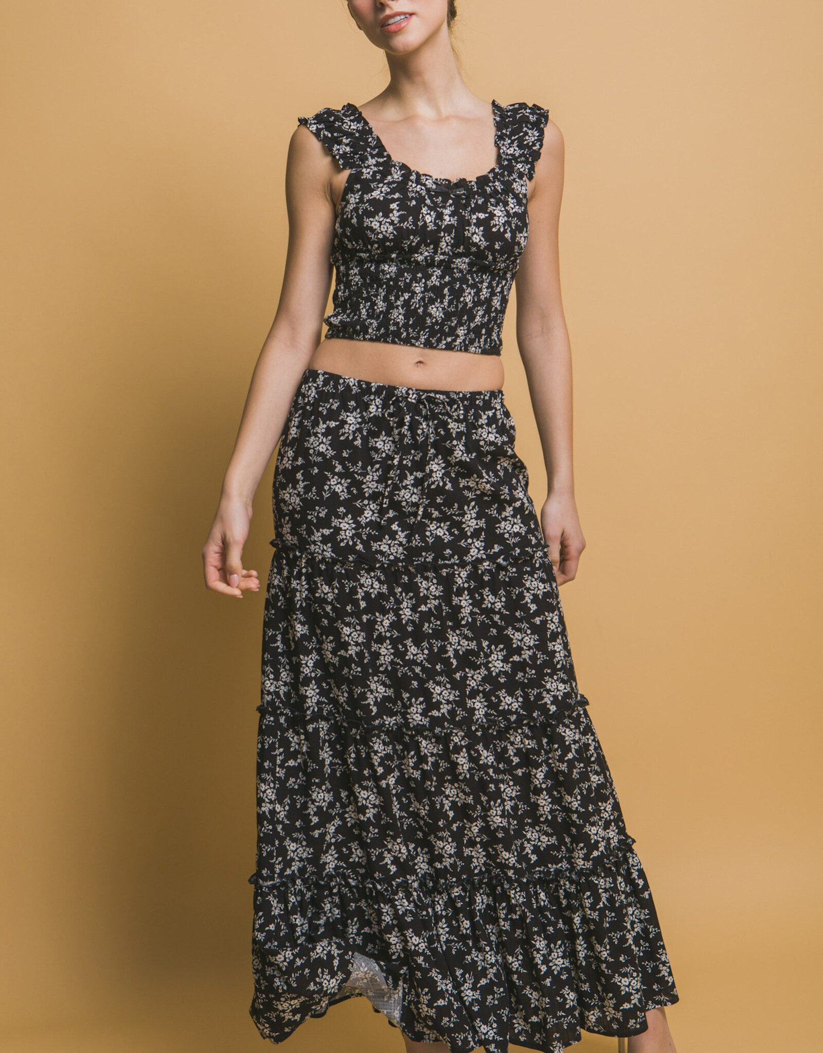 Miss Bliss LT Floral Printed Maxi Skirt-Black