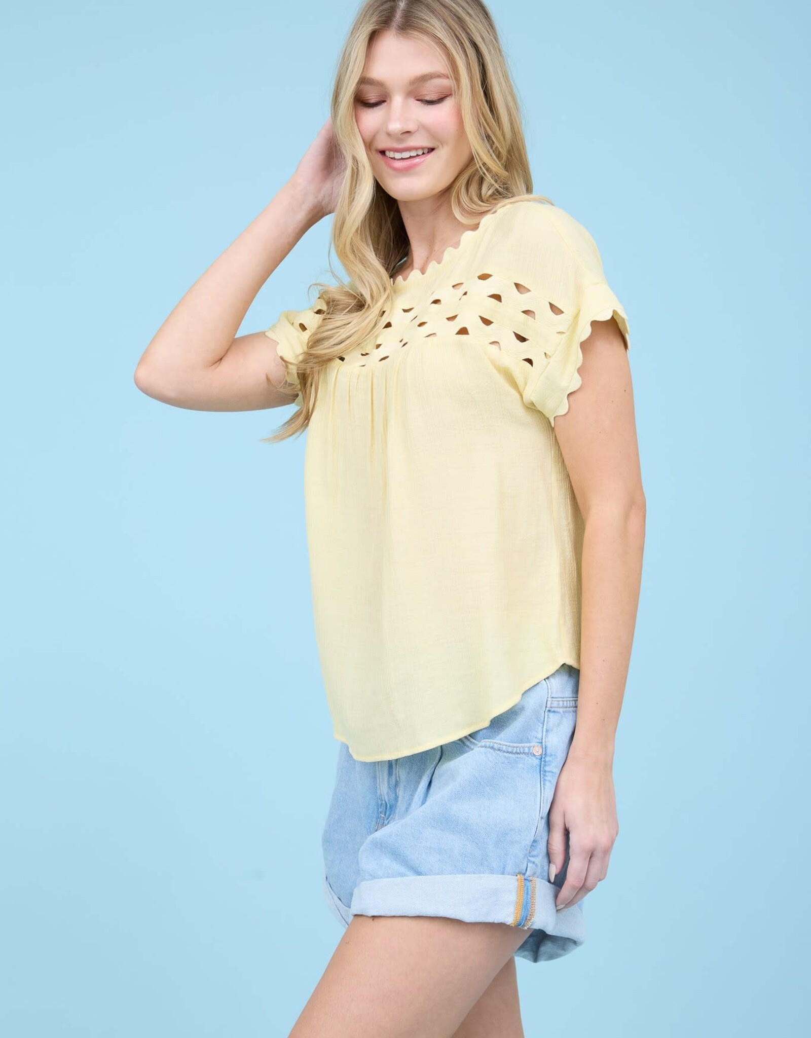 Miss Bliss M&E Scallop Trim Cut-out Short Sleeve Blouse