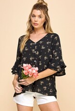 Miss Bliss Subtle Floral Button Dwn Blouse W Dtl Slv-Black