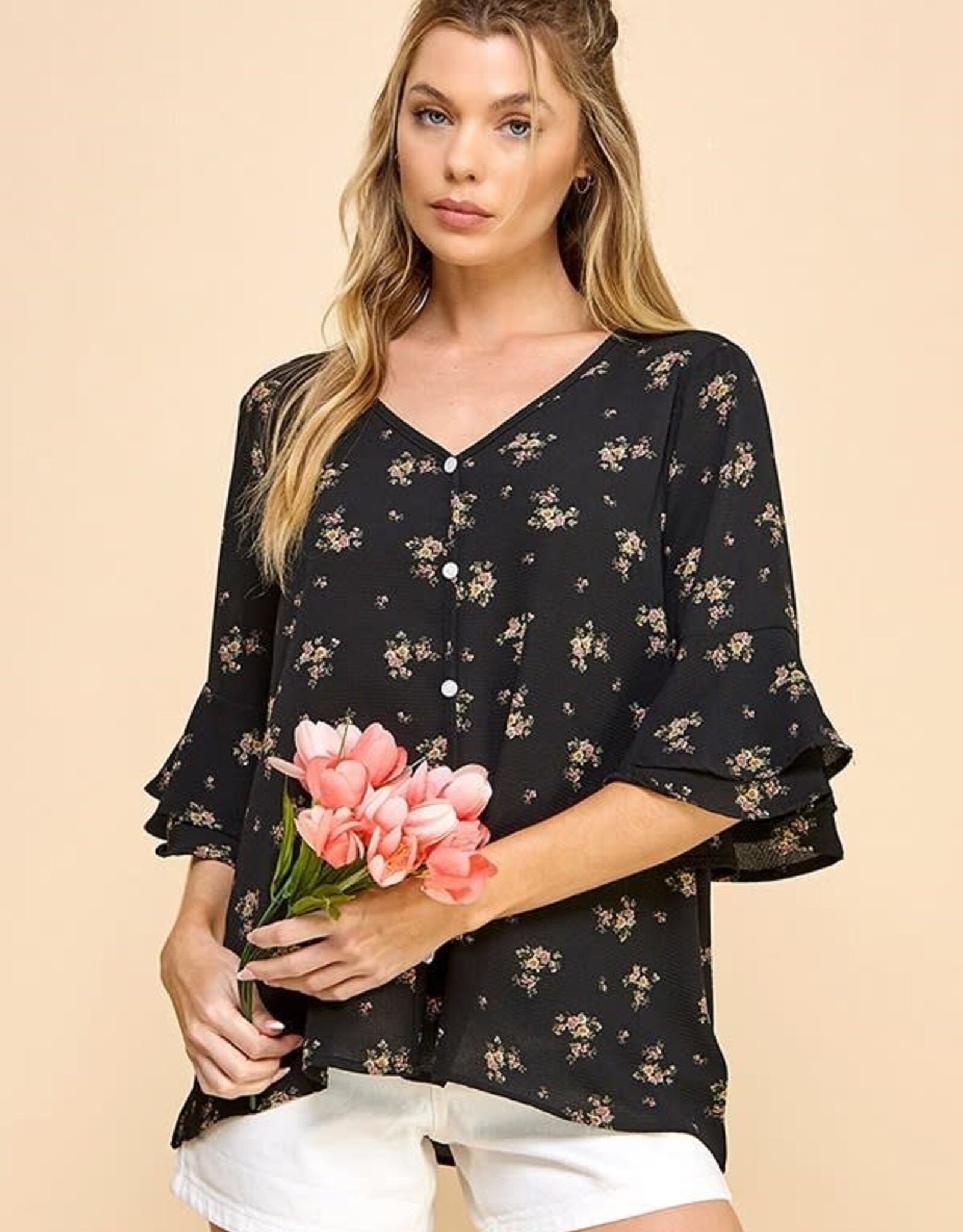 Miss Bliss Subtle Floral Button Dwn Blouse W Dtl Slv-Black