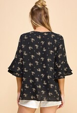 Miss Bliss Subtle Floral Button Dwn Blouse W Dtl Slv-Black