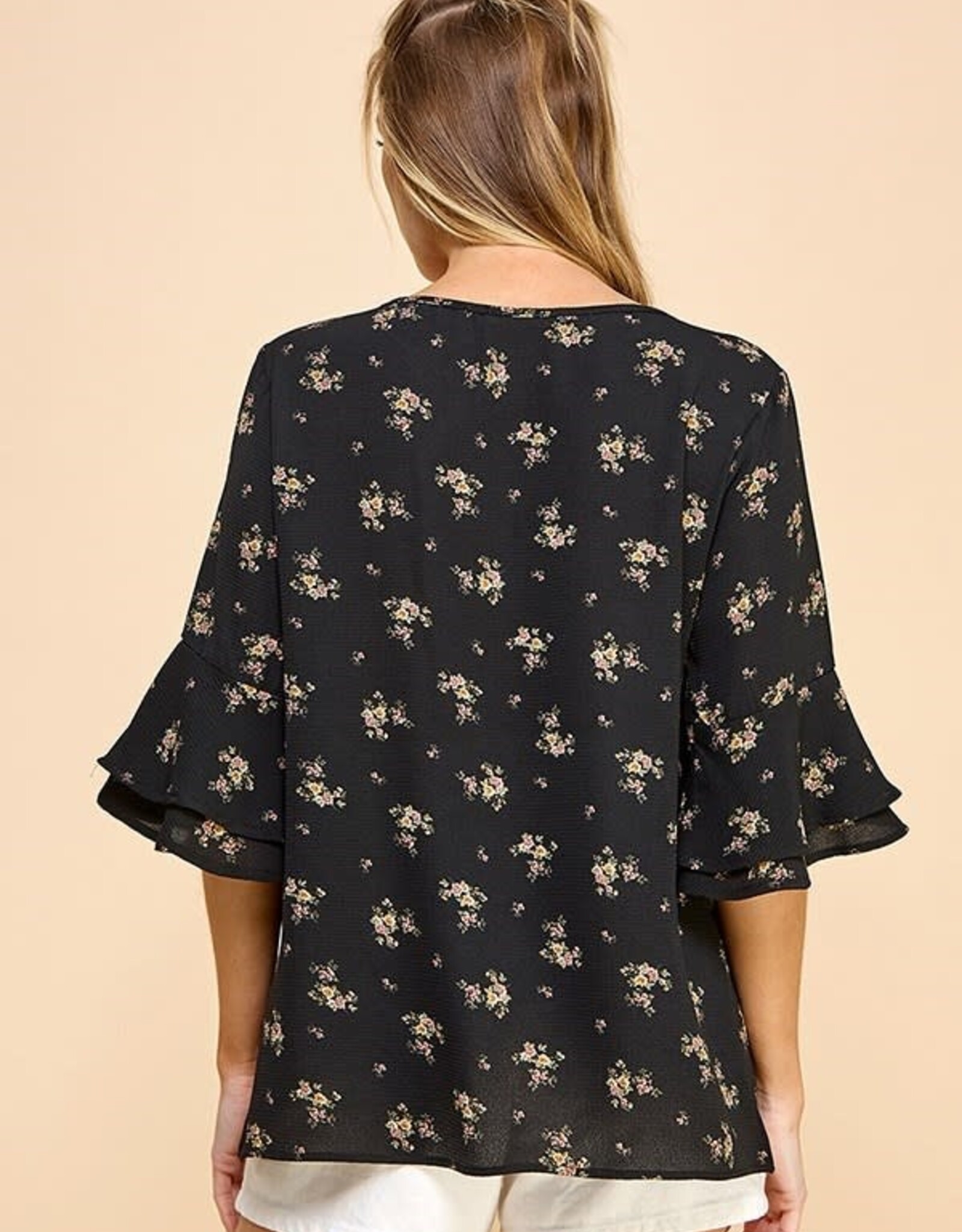 Miss Bliss Subtle Floral Button Dwn Blouse W Dtl Slv-Black