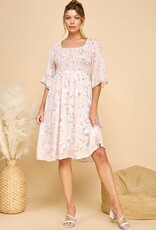 Miss Bliss CC Square Neck 3/4 Sleeve Floral Dress-Peach