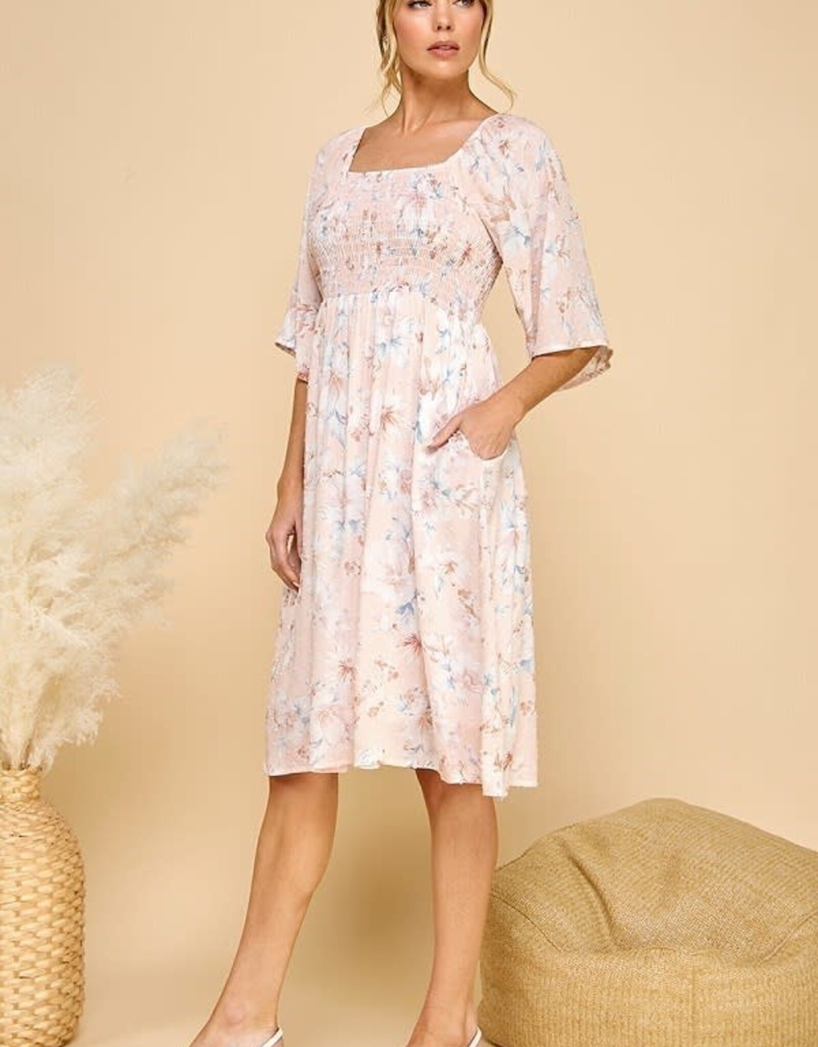 Miss Bliss CC Square Neck 3/4 Sleeve Floral Dress-Peach