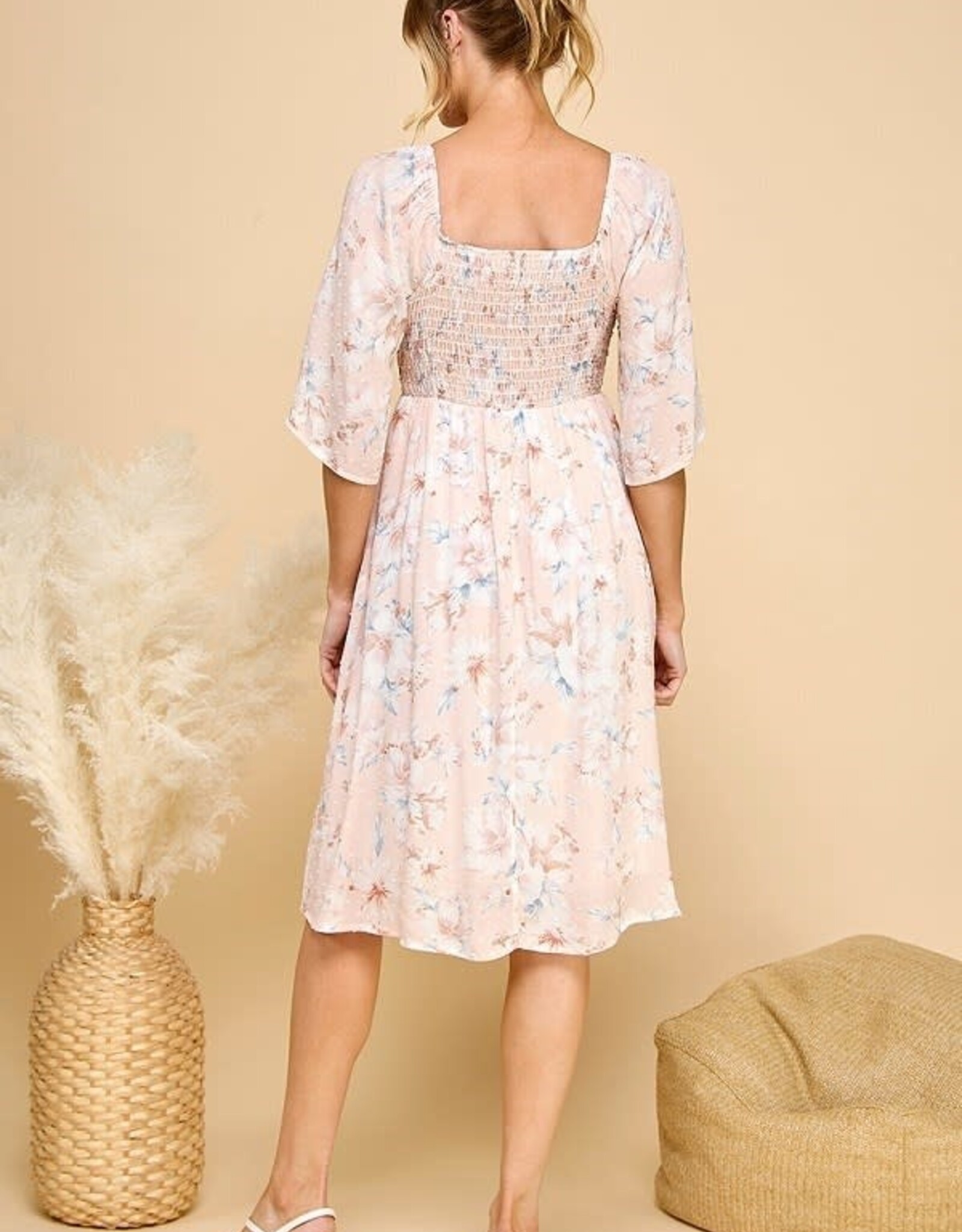 Miss Bliss CC Square Neck 3/4 Sleeve Floral Dress-Peach