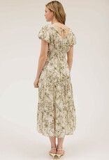 Miss Bliss M&E Floral Print Front Tie V Neck Midi Dress-Olive