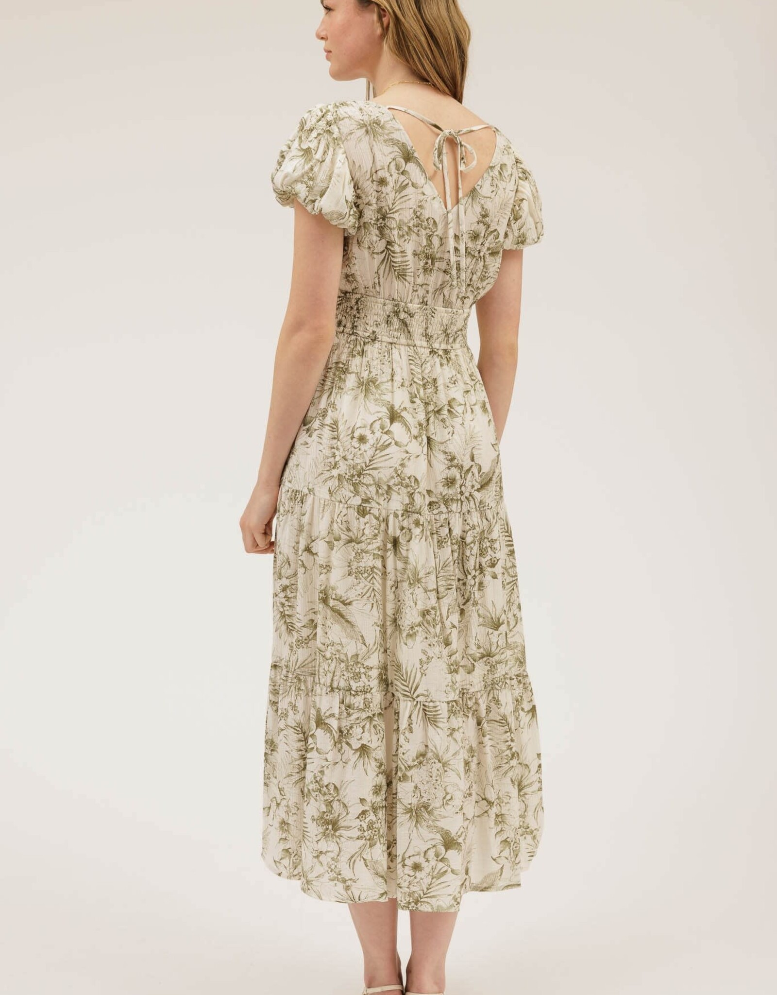 Miss Bliss M&E Floral Print Front Tie V Neck Midi Dress-Olive