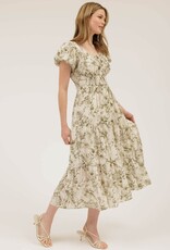 Miss Bliss M&E Floral Print Front Tie V Neck Midi Dress-Olive