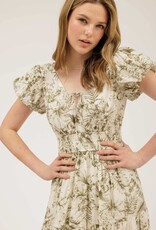 Miss Bliss M&E Floral Print Front Tie V Neck Midi Dress-Olive