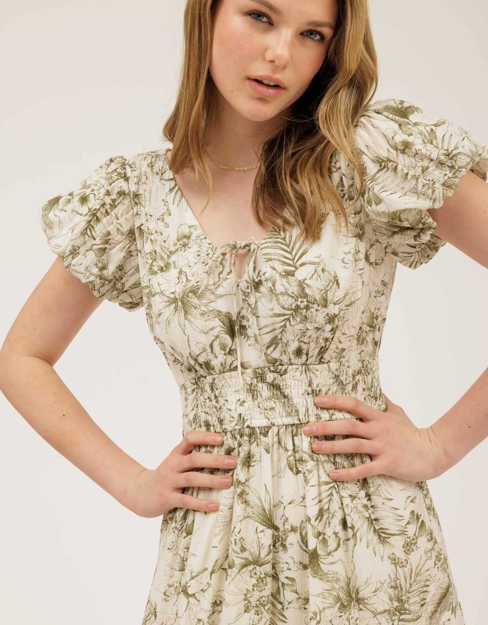 Miss Bliss M&E Floral Print Front Tie V Neck Midi Dress-Olive