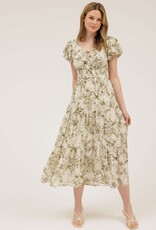 Miss Bliss M&E Floral Print Front Tie V Neck Midi Dress-Olive