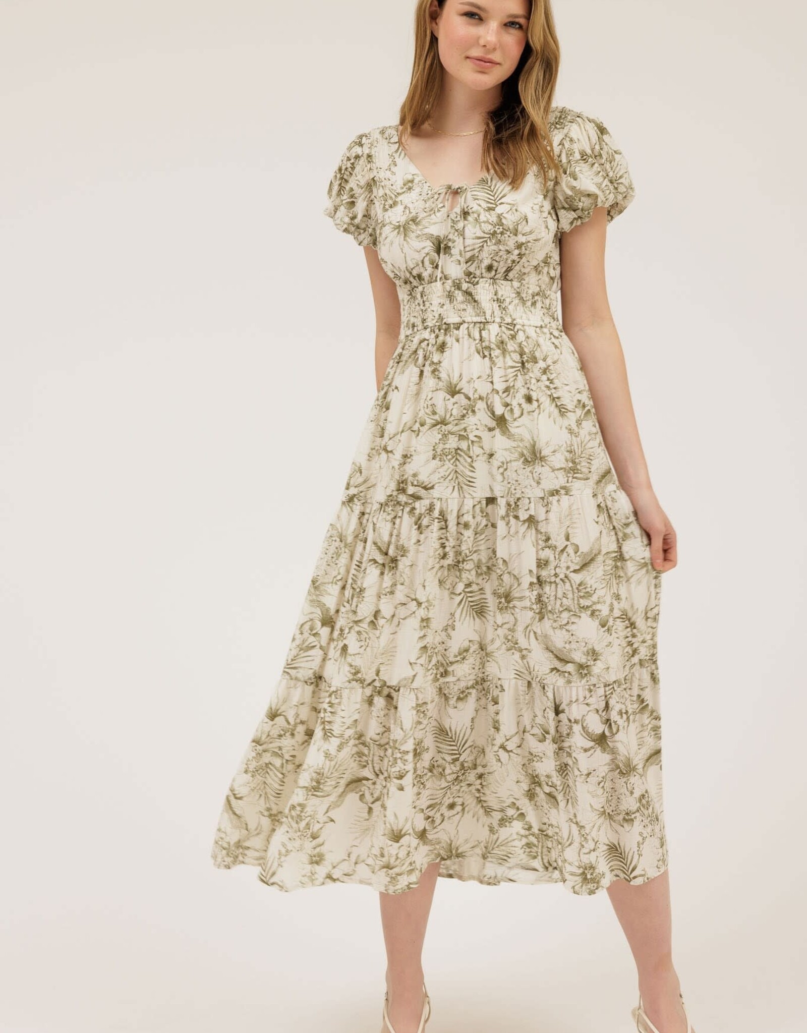 Miss Bliss M&E Floral Print Front Tie V Neck Midi Dress-Olive