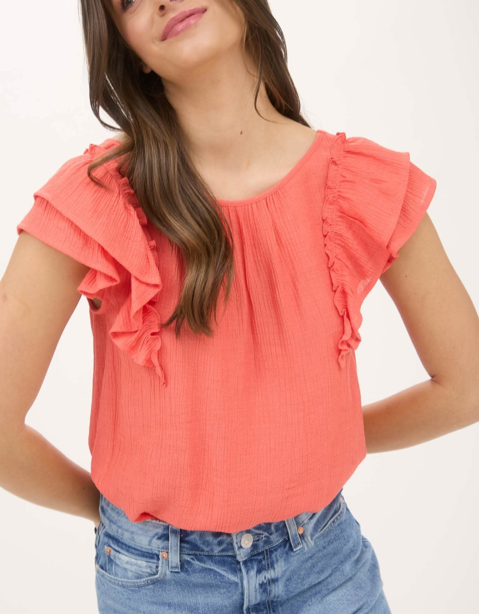 Miss Bliss M&E Ruffle Detail Back Bow Detail SS Top-Coral