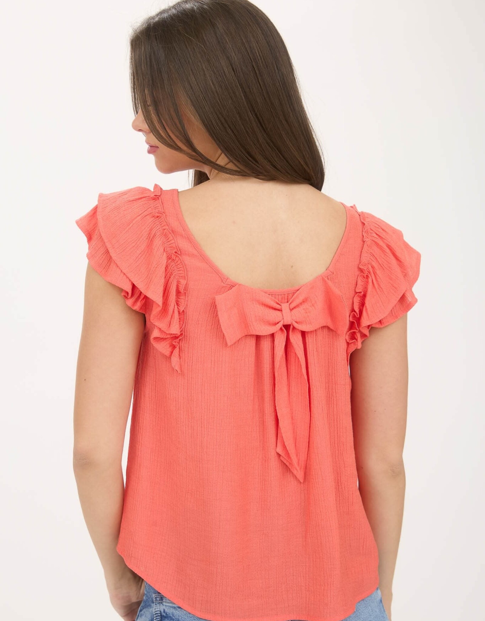 Miss Bliss M&E Ruffle Detail Back Bow Detail SS Top-Coral