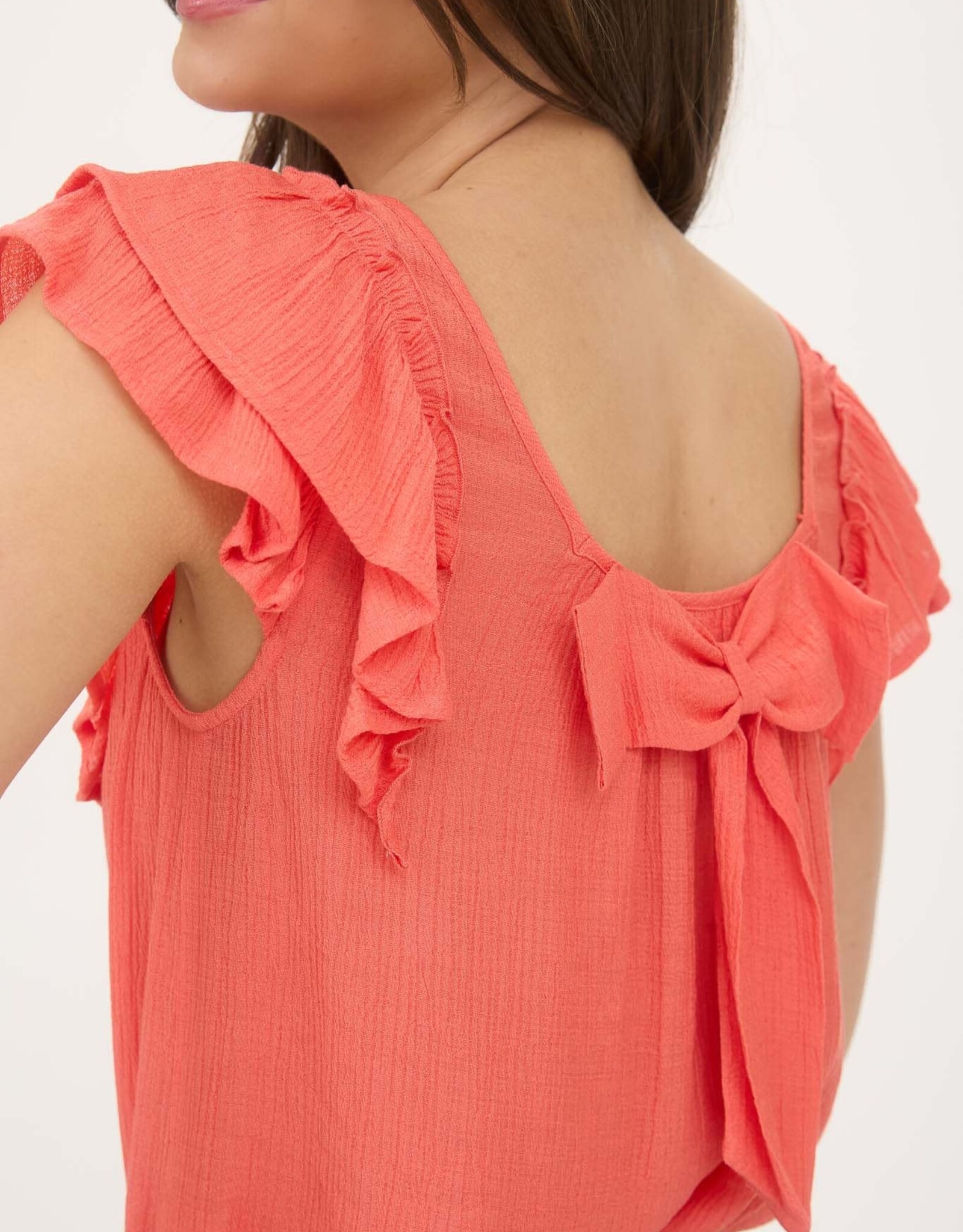 Miss Bliss M&E Ruffle Detail Back Bow Detail SS Top-Coral