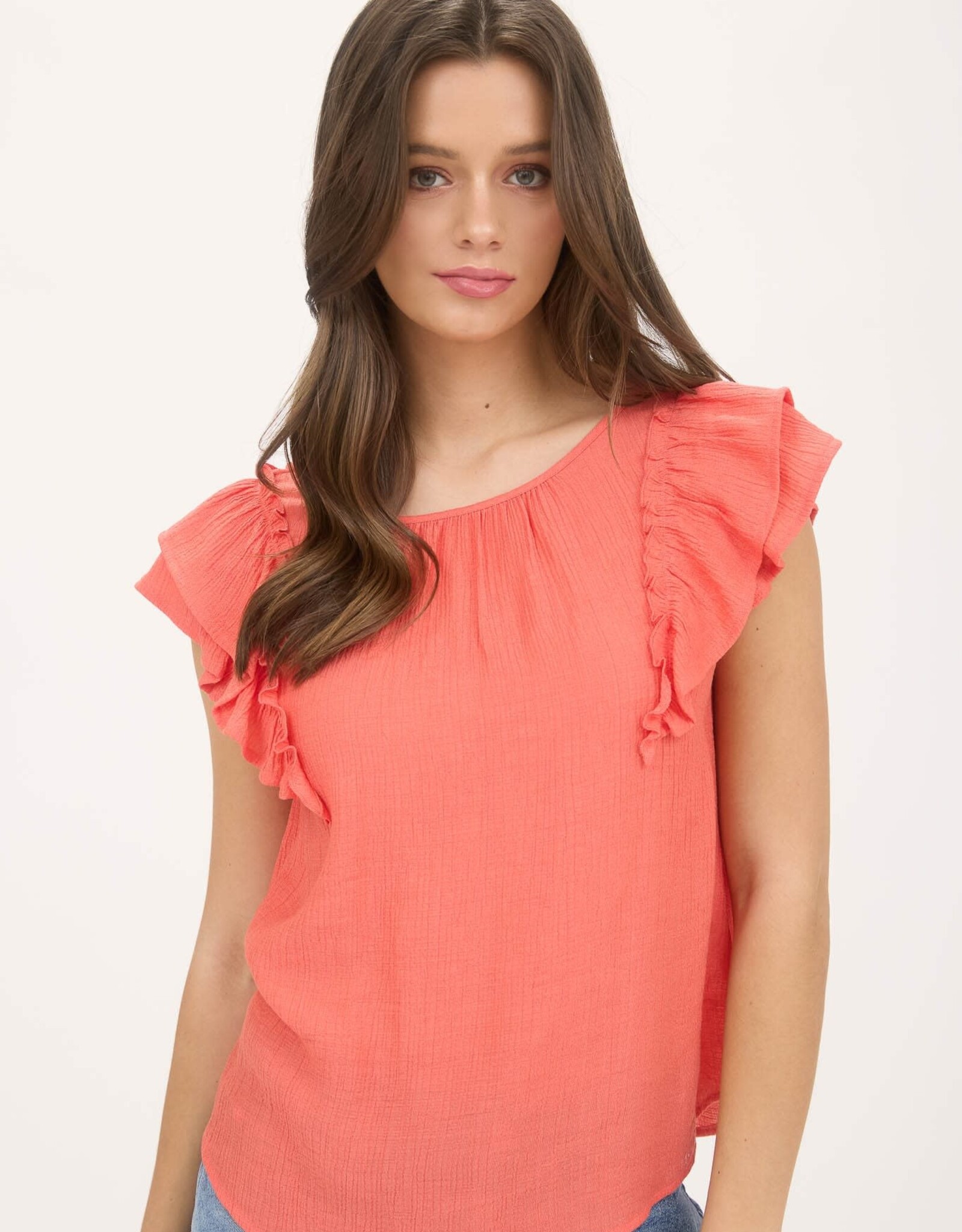 Miss Bliss M&E Ruffle Detail Back Bow Detail SS Top-Coral