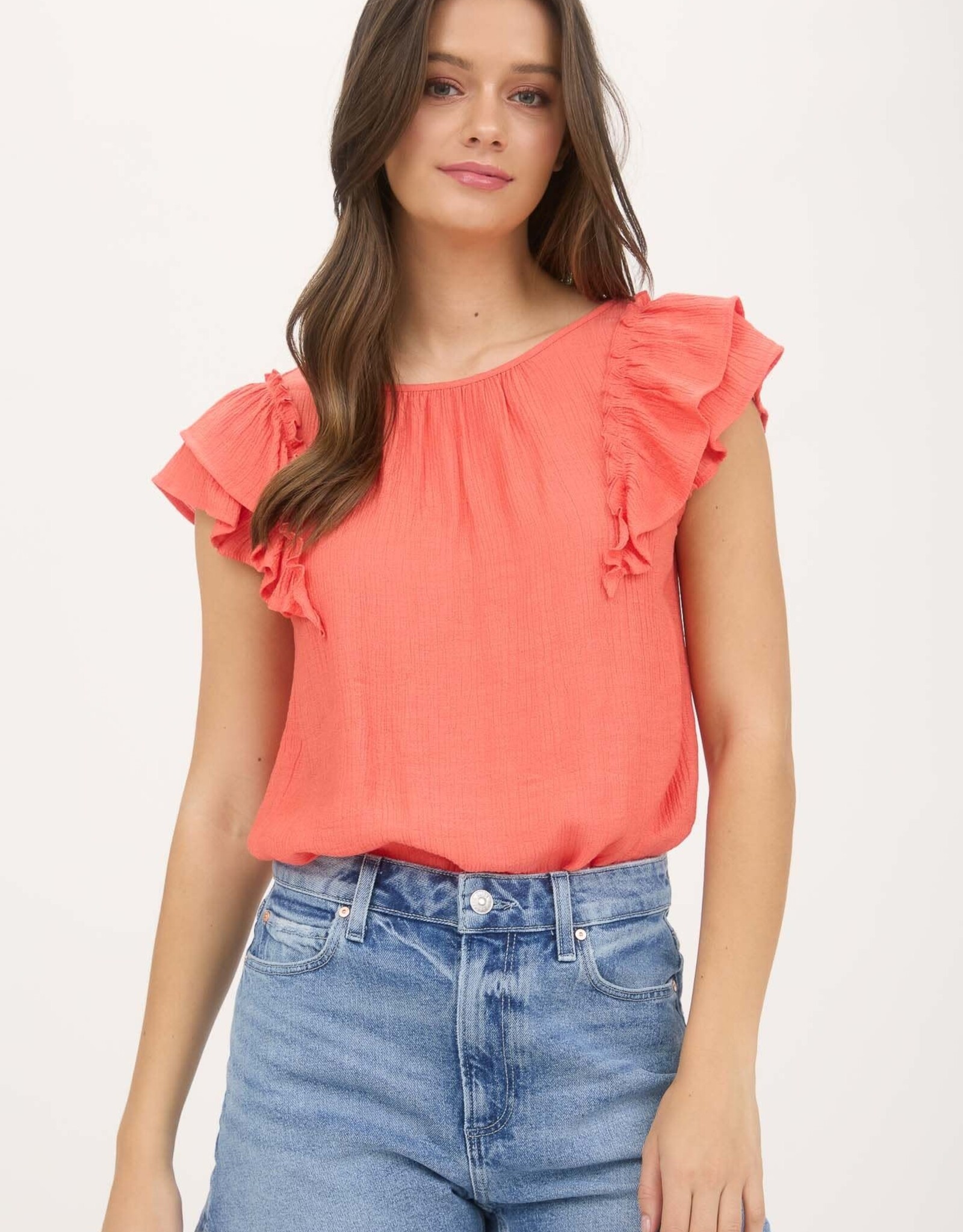 Miss Bliss M&E Ruffle Detail Back Bow Detail SS Top-Coral