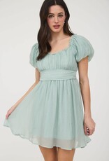 Miss Bliss M&E Balloon Slv Ruffle Back Lace Up Mini- Mint