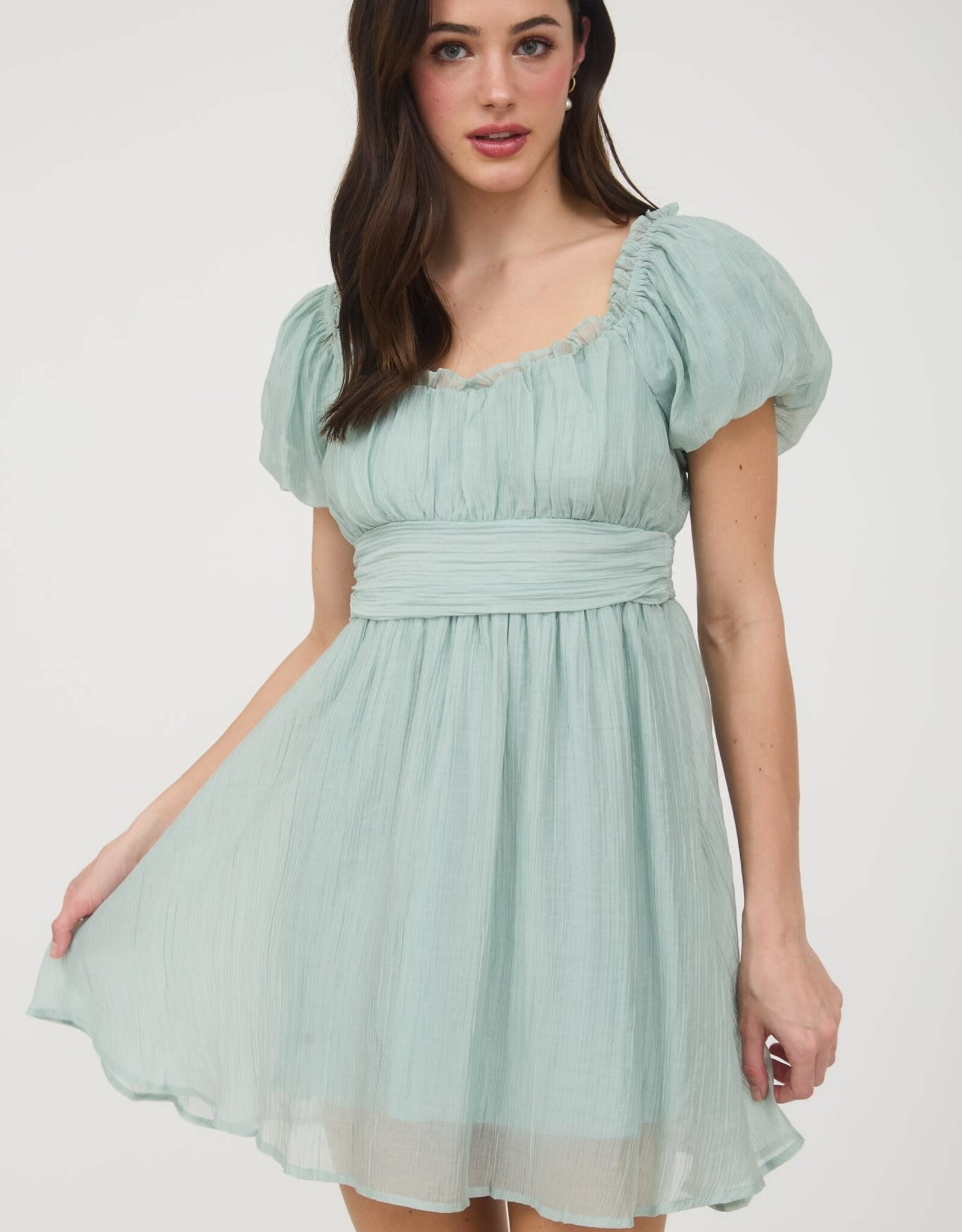 Miss Bliss M&E Balloon Slv Ruffle Back Lace Up Mini- Mint