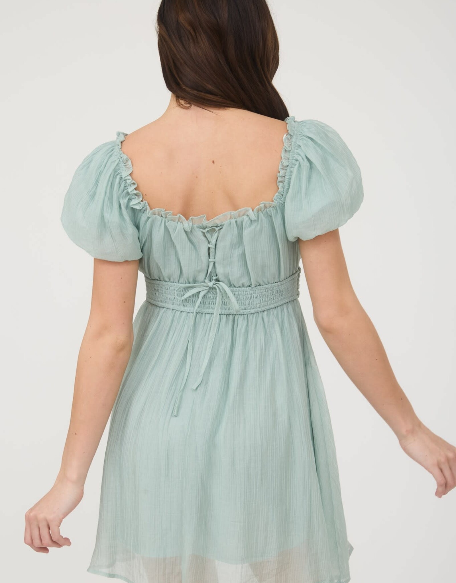 Miss Bliss M&E Balloon Slv Ruffle Back Lace Up Mini- Mint