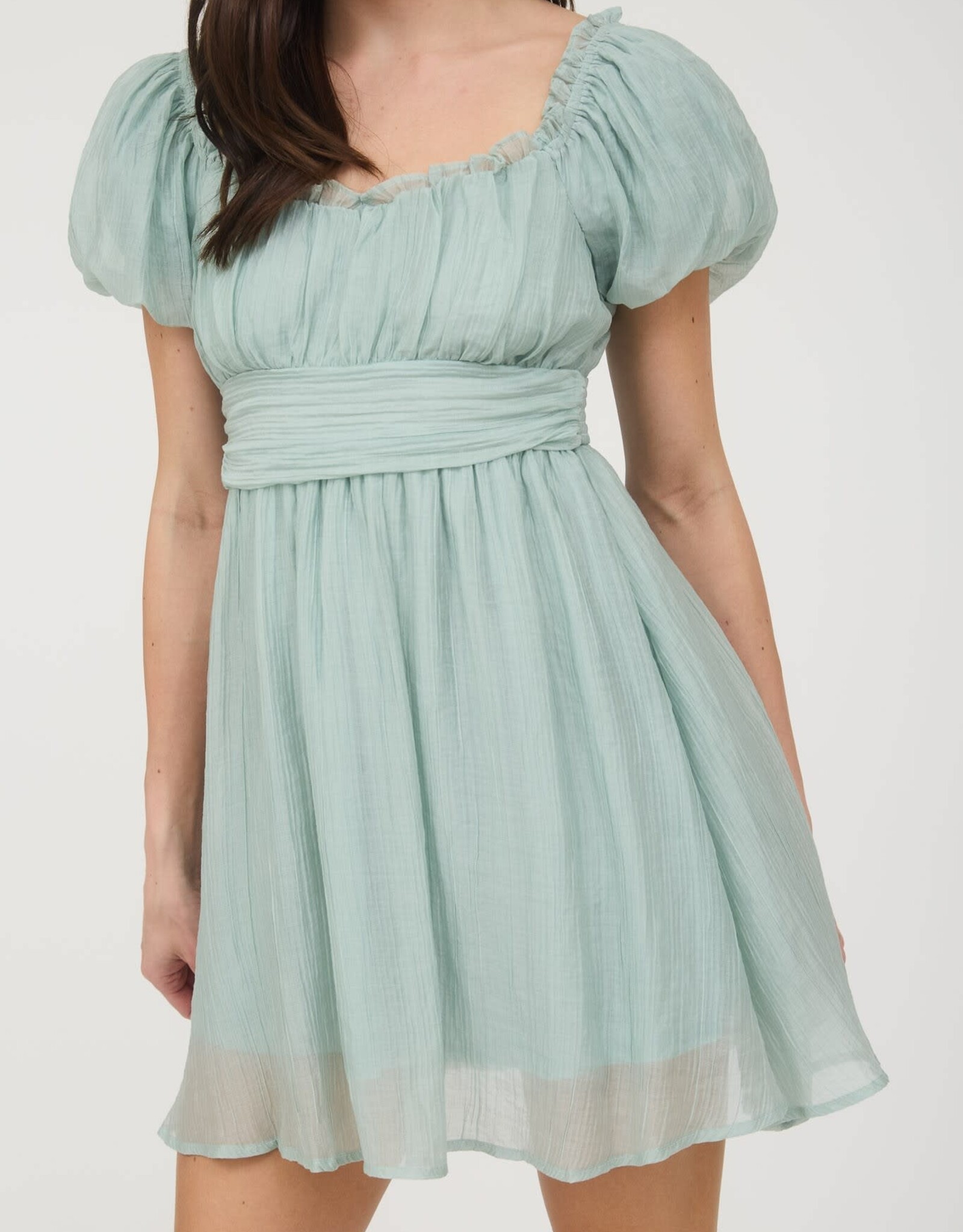 Miss Bliss M&E Balloon Slv Ruffle Back Lace Up Mini- Mint