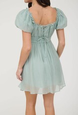 Miss Bliss M&E Balloon Slv Ruffle Back Lace Up Mini- Mint
