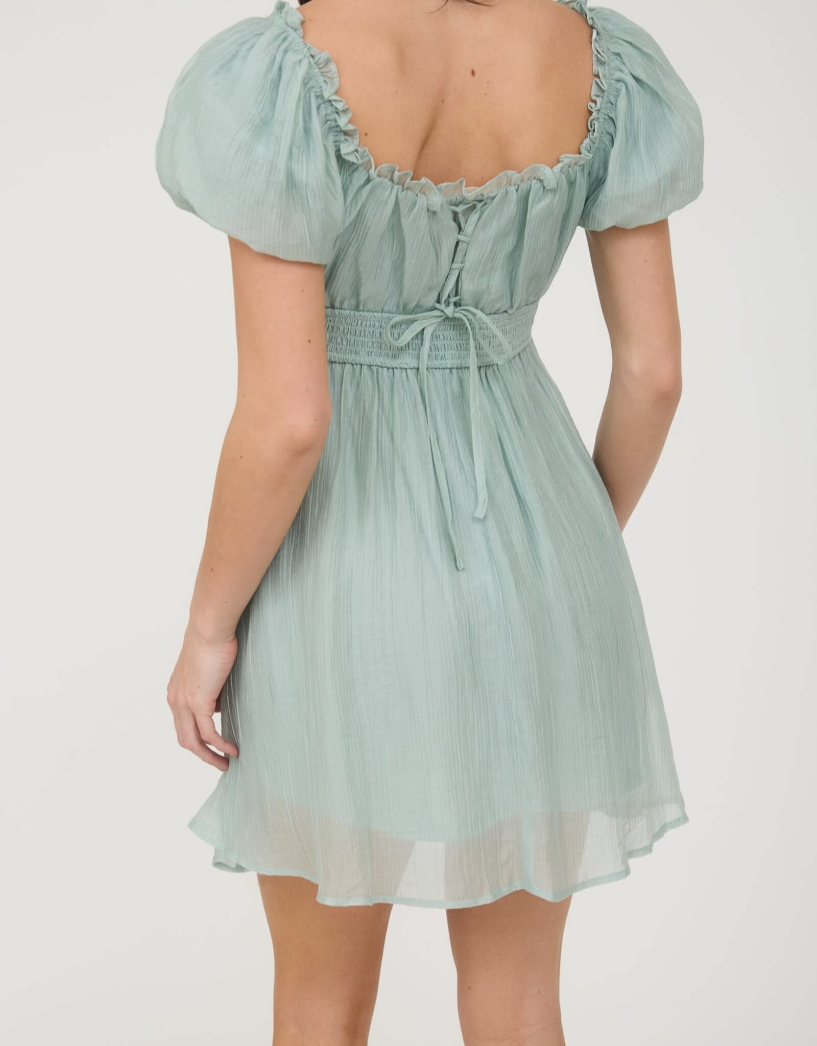 Miss Bliss M&E Balloon Slv Ruffle Back Lace Up Mini- Mint