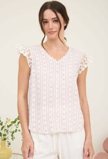 Miss Bliss Stripe Floral V Neck Lace Trim Btn Dwn Blouse-Pink