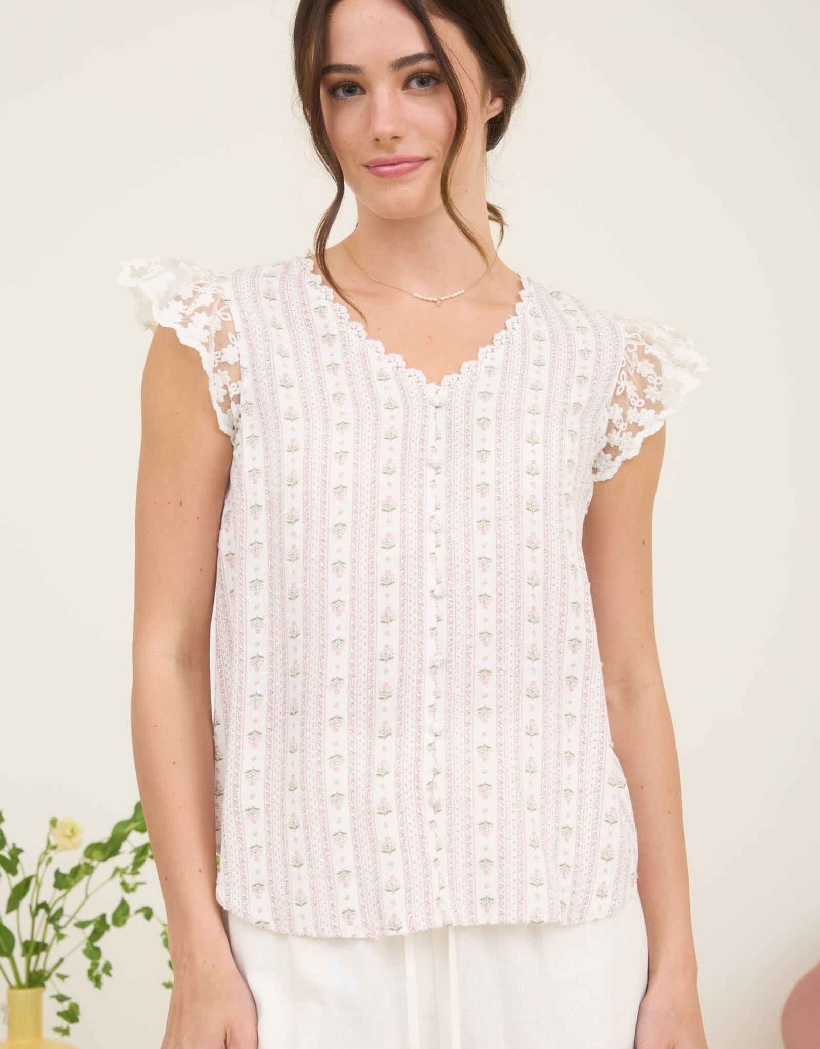 Miss Bliss Stripe Floral V Neck Lace Trim Btn Dwn Blouse-Pink