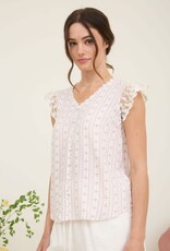 Miss Bliss Stripe Floral V Neck Lace Trim Btn Dwn Blouse-Pink