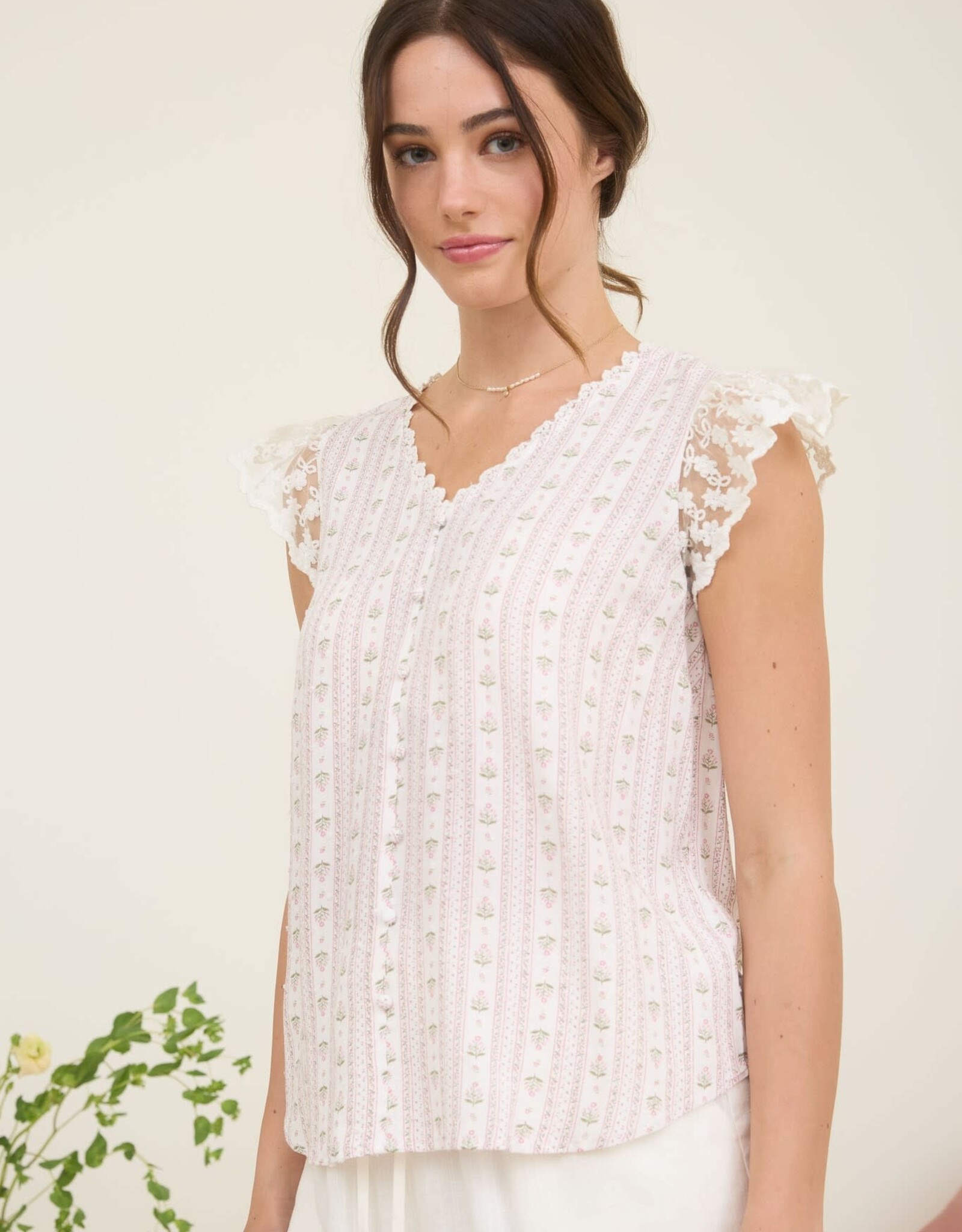 Miss Bliss Stripe Floral V Neck Lace Trim Btn Dwn Blouse-Pink