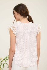 Miss Bliss Stripe Floral V Neck Lace Trim Btn Dwn Blouse-Pink