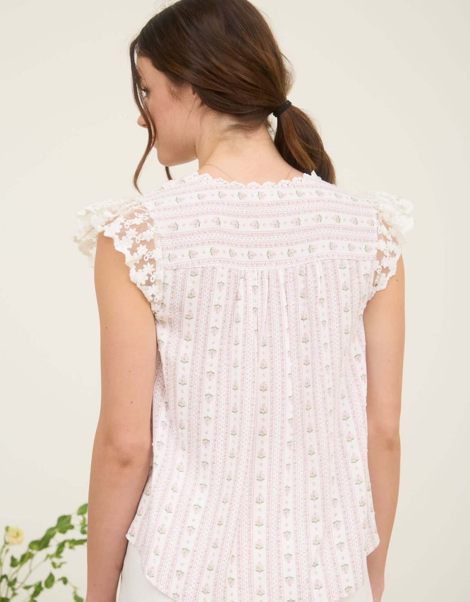 Miss Bliss Stripe Floral V Neck Lace Trim Btn Dwn Blouse-Pink