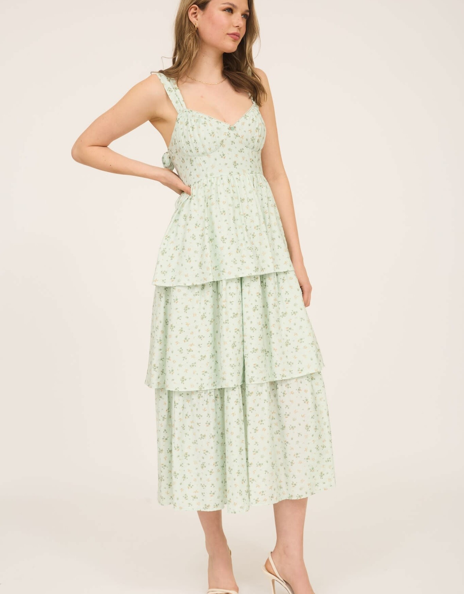 Miss Bliss M&E Floral Slvls Corset Rfle Tier Midi Dress-Sage