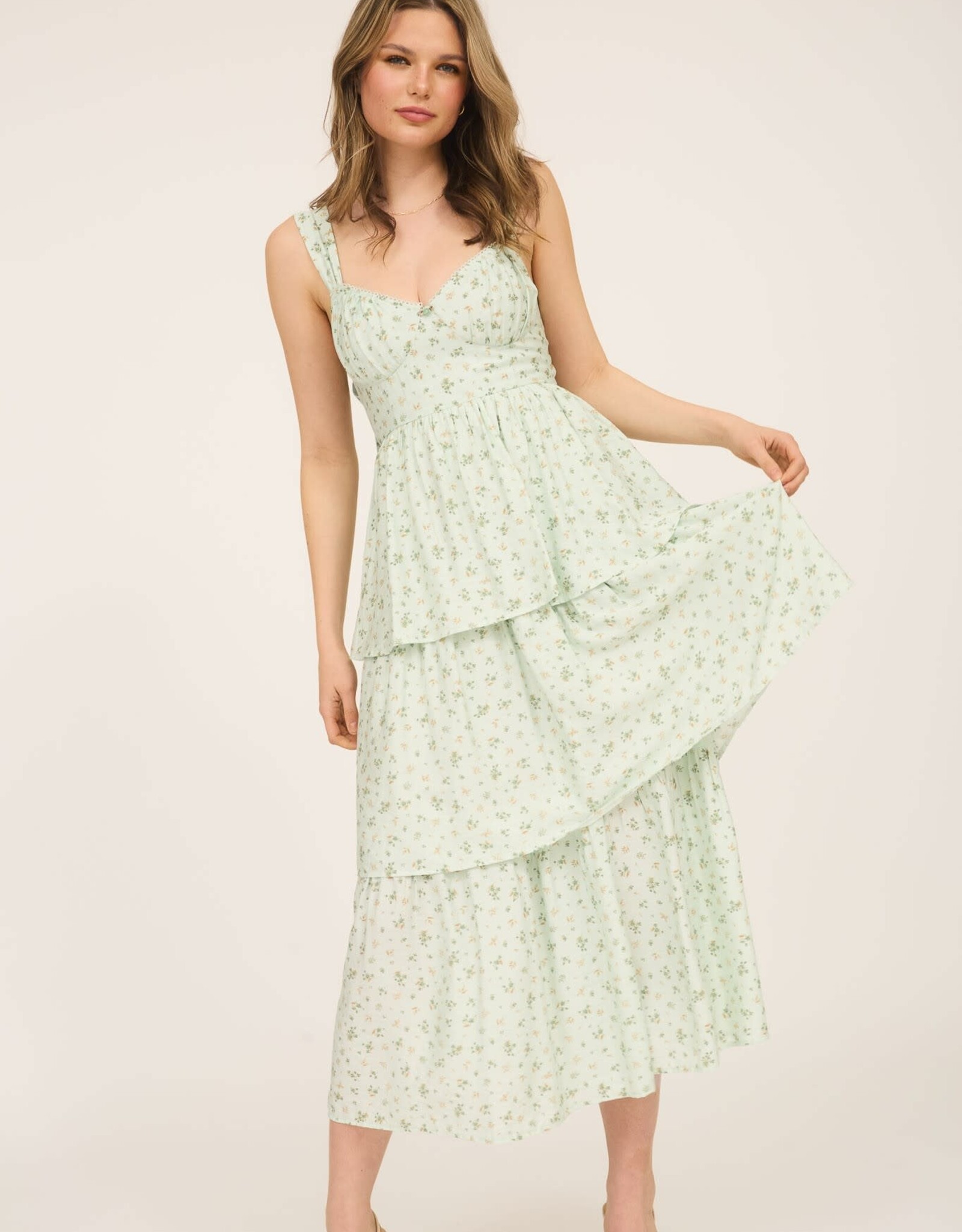 Miss Bliss M&E Floral Slvls Corset Rfle Tier Midi Dress-Sage