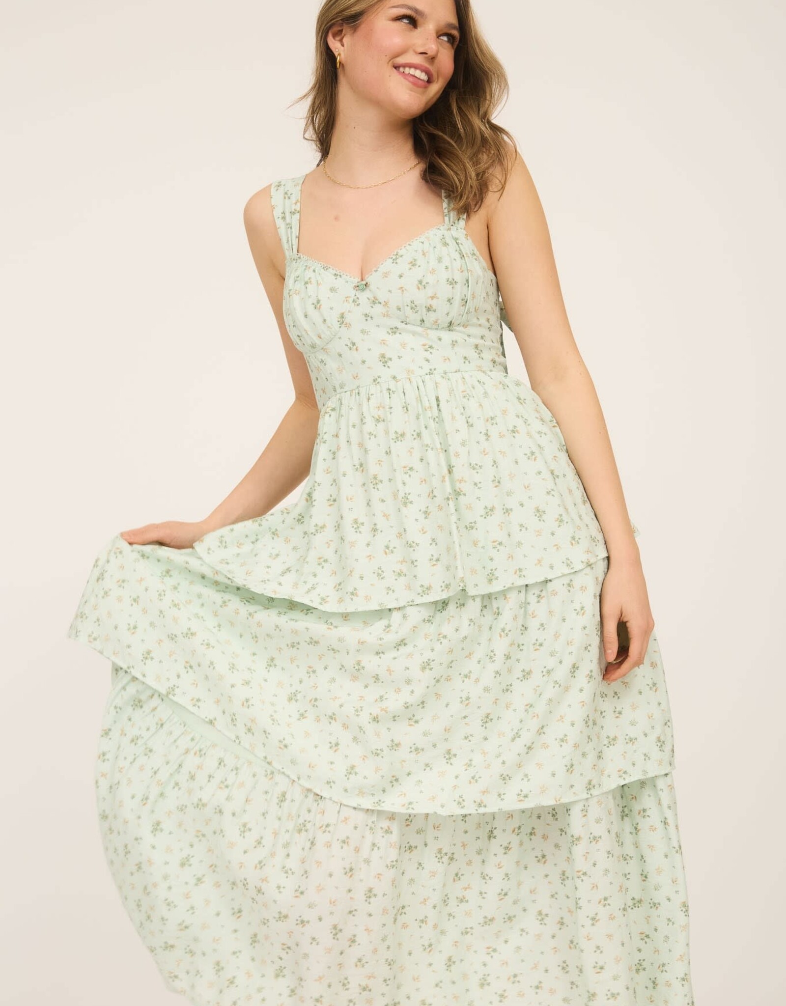 Miss Bliss M&E Floral Slvls Corset Rfle Tier Midi Dress-Sage