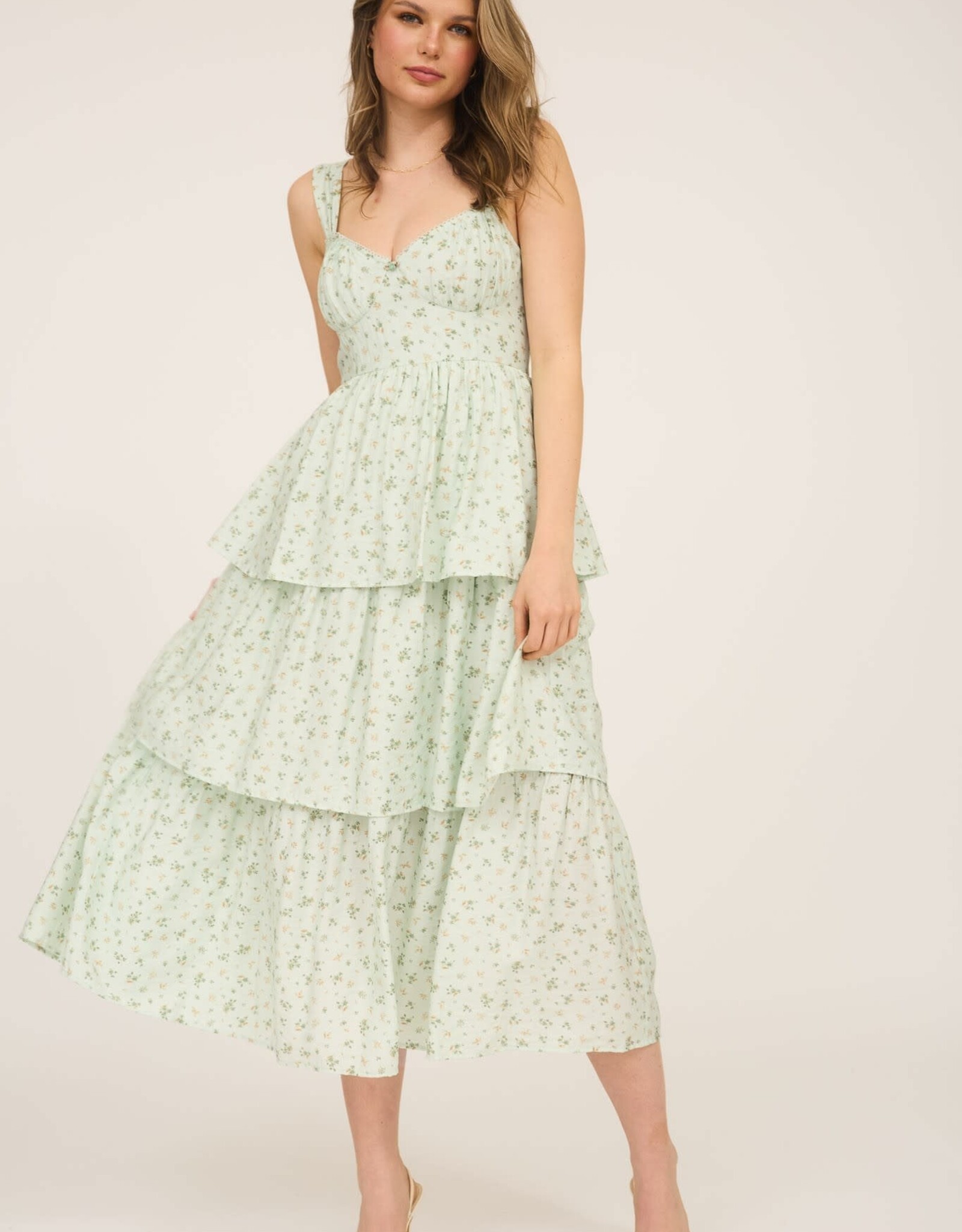 Miss Bliss M&E Floral Slvls Corset Rfle Tier Midi Dress-Sage