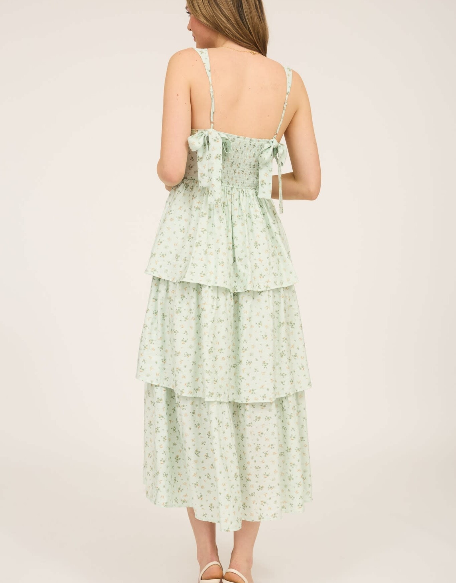 Miss Bliss M&E Floral Slvls Corset Rfle Tier Midi Dress-Sage