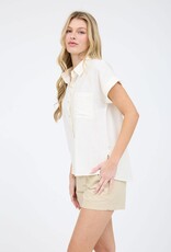Miss Bliss Collared Button Down Short Roll Sleeve Shirt-White
