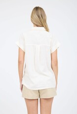 Miss Bliss Collared Button Down Short Roll Sleeve Shirt-White