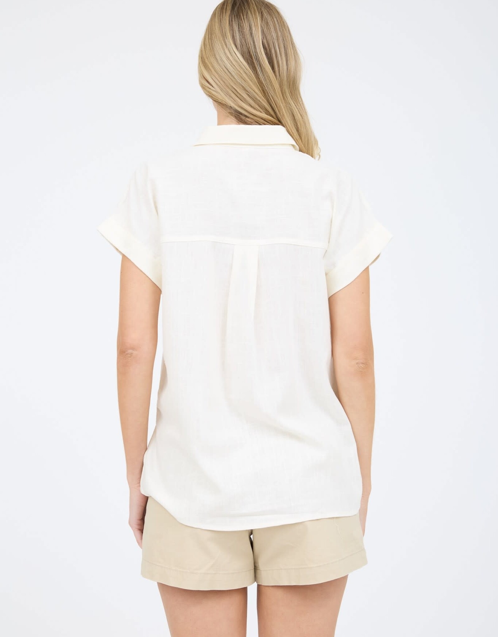 Miss Bliss Collared Button Down Short Roll Sleeve Shirt-White
