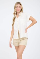 Miss Bliss Collared Button Down Short Roll Sleeve Shirt-White