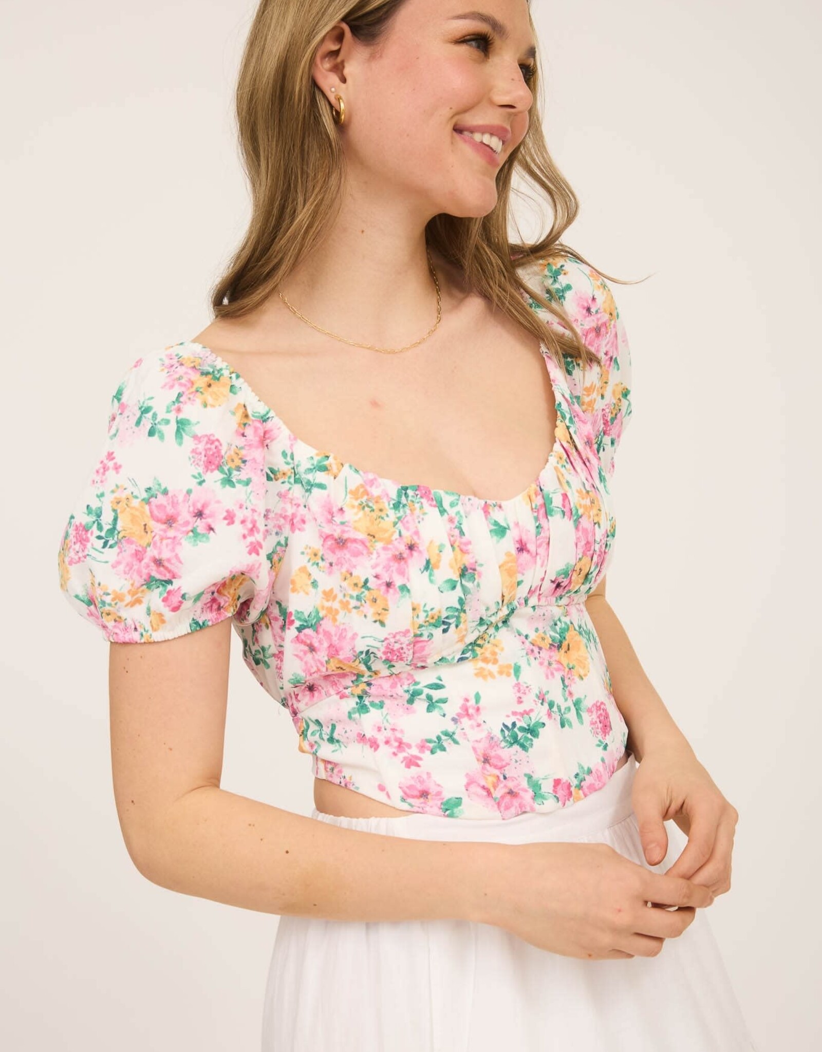 Miss Bliss M&E Floral Corset Waist Crop Top-Multi/Pink