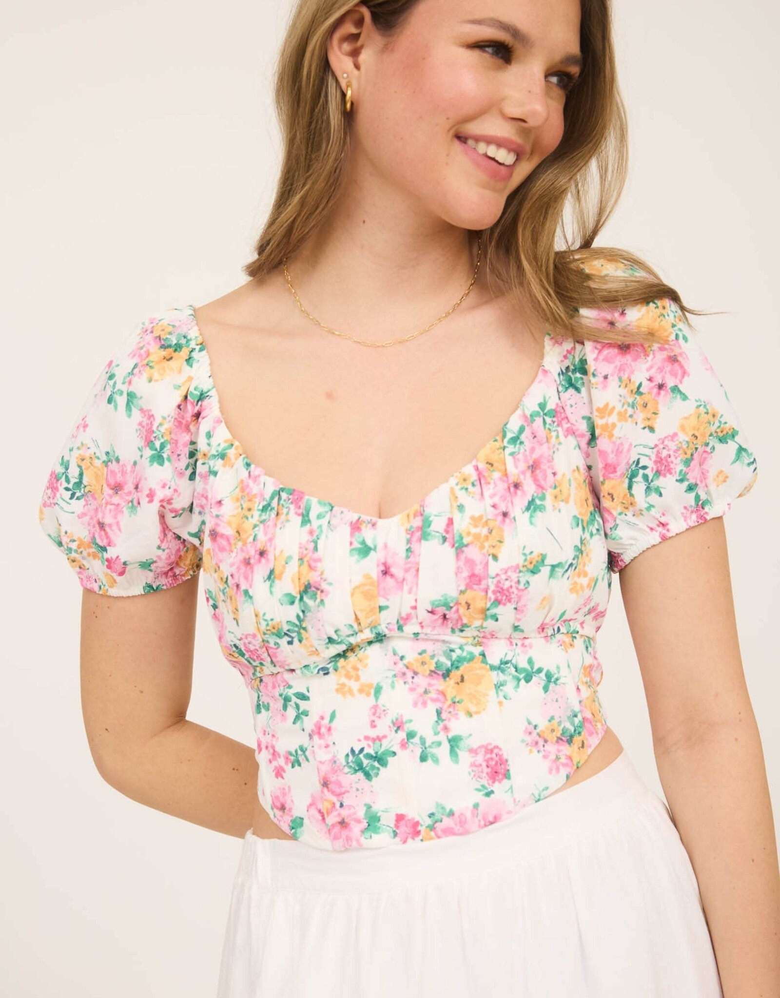 Miss Bliss M&E Floral Corset Waist Crop Top-Multi/Pink