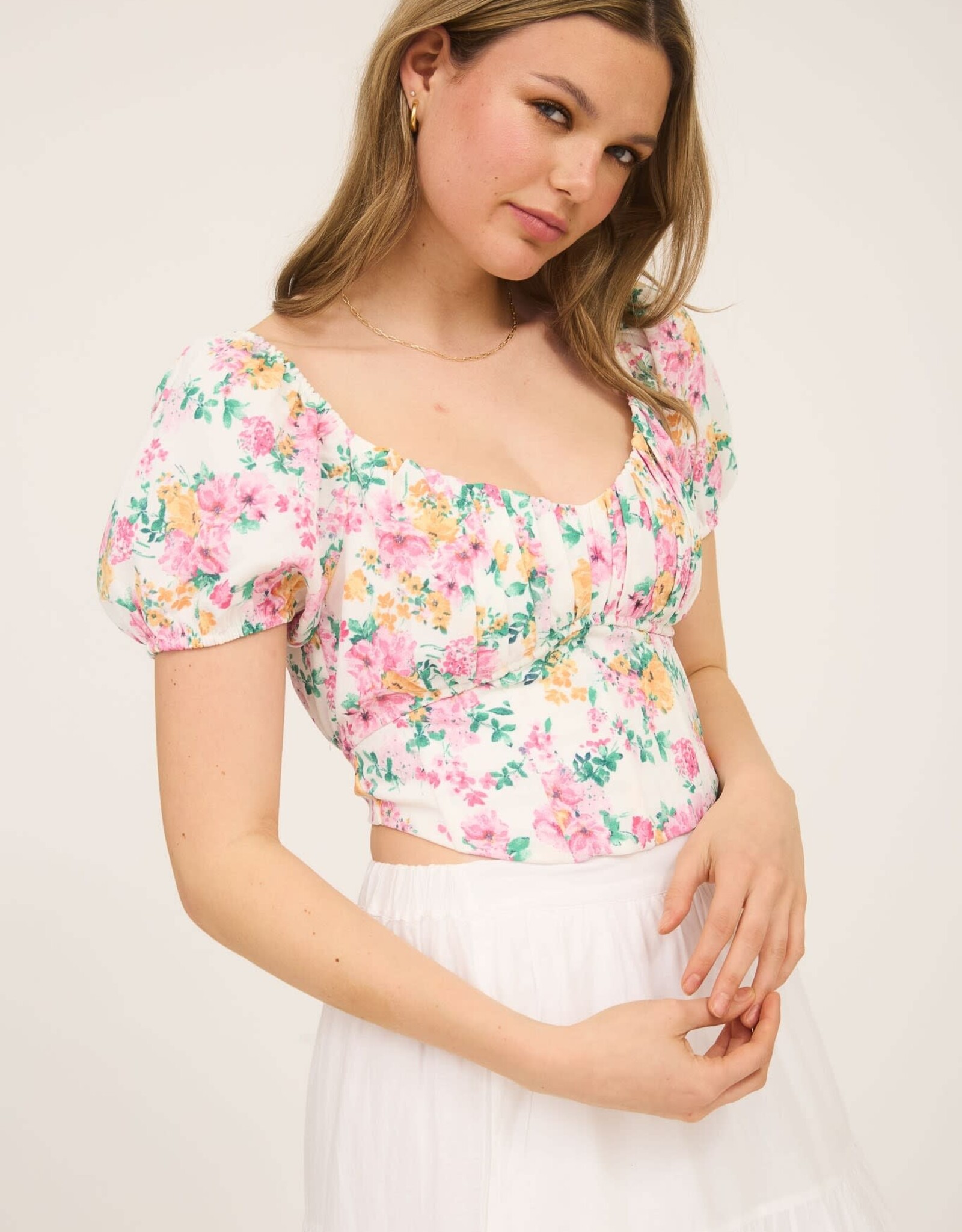 Miss Bliss M&E Floral Corset Waist Crop Top-Multi/Pink