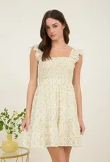 Miss Bliss Floral Trellis Pattern Smocked Mini Dress-Yellow